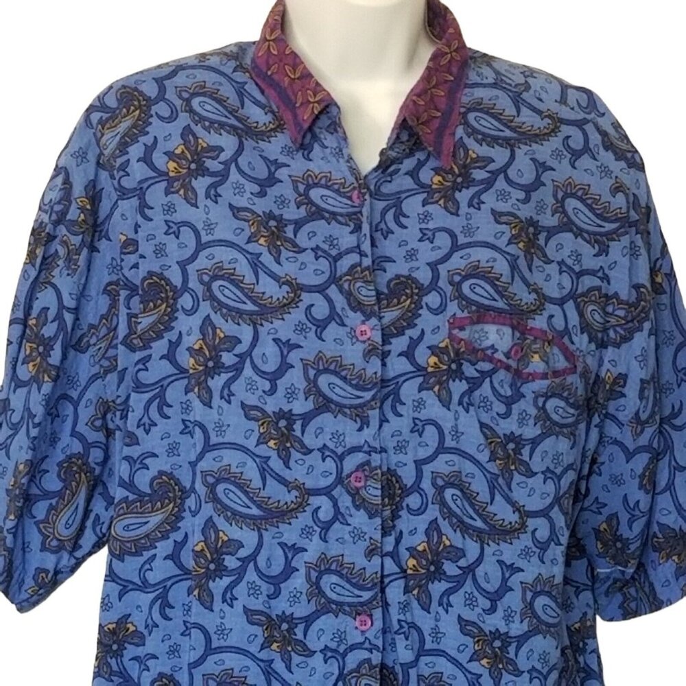 Vtg 80s High Advantage Short Sleeve Shirt Womens 22 Paisley Blue Button Up Hi Lo - Picture 2 of 11